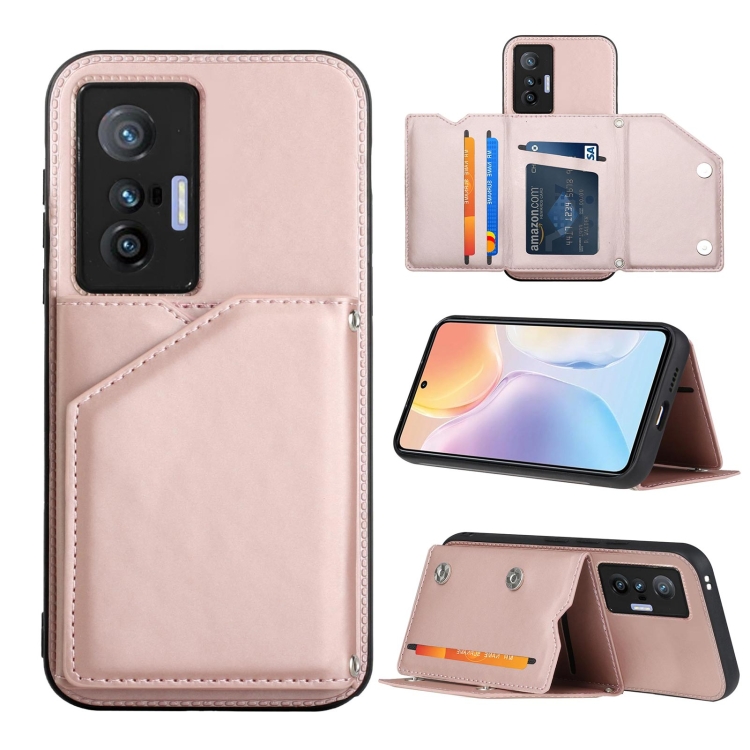 

For vivo X70 Skin Feel PU + TPU + PC Back Cover Shockproof Case with Card Slots & Holder & Photo Frame(Rose Gold)
