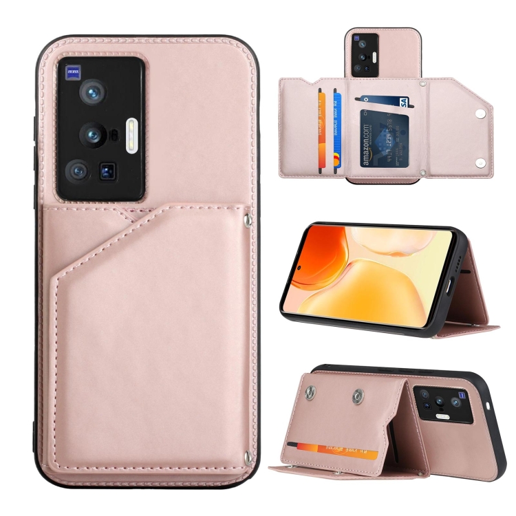 

For vivo X70 Pro Skin Feel PU + TPU + PC Back Cover Shockproof Case with Card Slots & Holder & Photo Frame(Rose Gold)