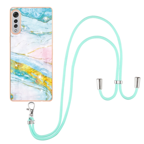 

For LG Velvet 4G / 5G / G9 Electroplating Marble Pattern IMD TPU Shockproof Case with Neck Lanyard(Green 004)