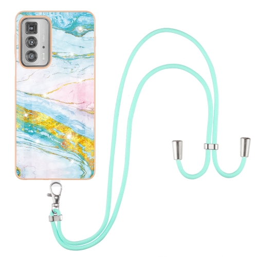 

For Motorola Edge 20 Pro Electroplating Marble Pattern IMD TPU Shockproof Case with Neck Lanyard(Green 004)