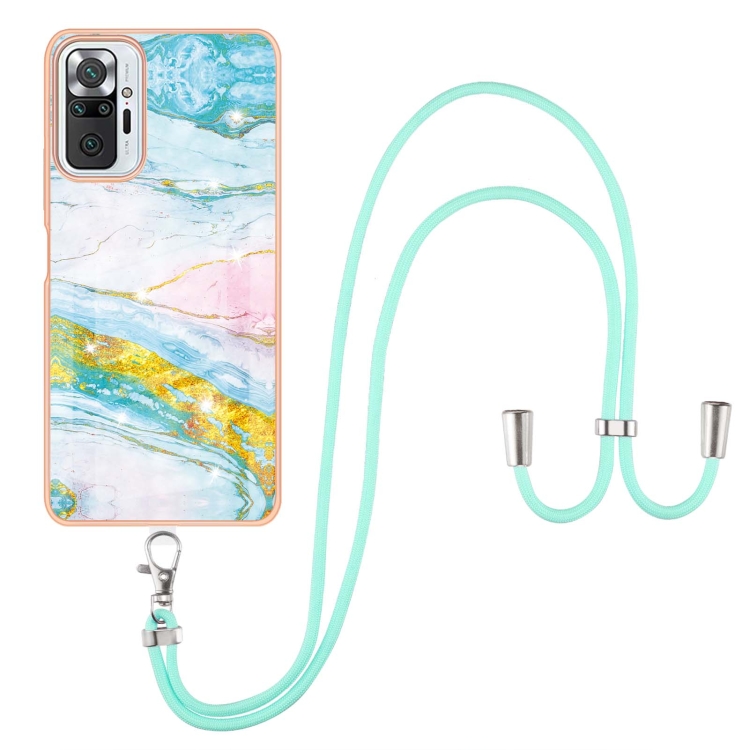 

For Xiaomi Redmi Note 10 Pro/Note 10 Pro Max Electroplating Marble Pattern IMD TPU Shockproof Case with Neck Lanyard(Green 004)