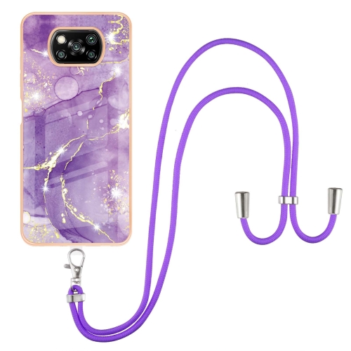 

For Xiaomi Poco X3 NFC Electroplating Marble Pattern IMD TPU Shockproof Case with Neck Lanyard(Purple 002)