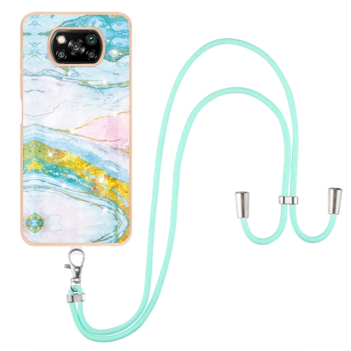 

For Xiaomi Poco X3 NFC Electroplating Marble Pattern IMD TPU Shockproof Case with Neck Lanyard(Green 004)