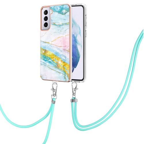 

For Samsung Galaxy S21 5G Electroplating Marble Pattern IMD TPU Shockproof Case with Neck Lanyard(Green 004)