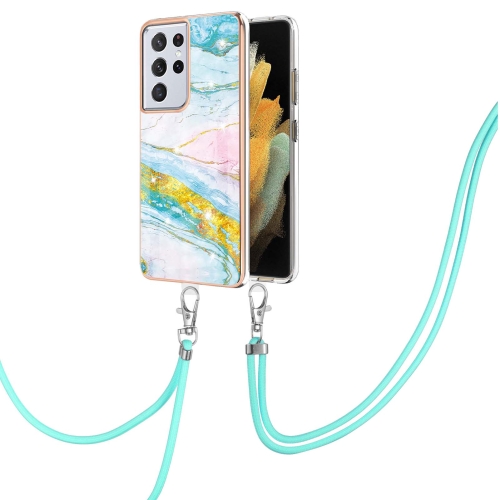 

For Samsung Galaxy S21 Ultra 5G Electroplating Marble Pattern IMD TPU Shockproof Case with Neck Lanyard(Green 004)