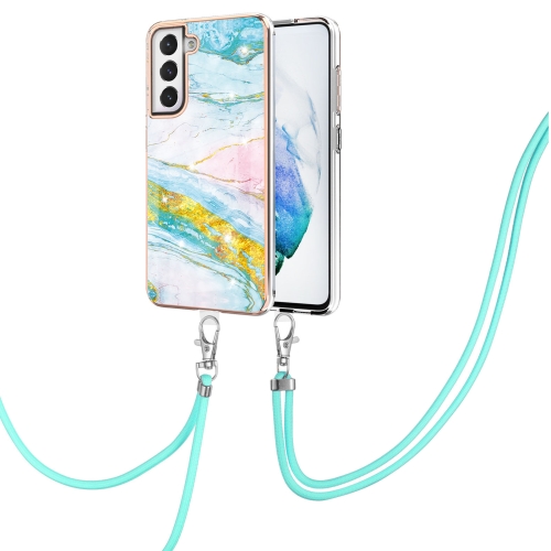 

For Samsung Galaxy S21 FE 5G Electroplating Marble Pattern IMD TPU Shockproof Case with Neck Lanyard(Green 004)