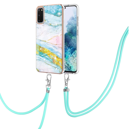 

For Samsung Galaxy S20 Electroplating Marble Pattern IMD TPU Shockproof Case with Neck Lanyard(Green 004)