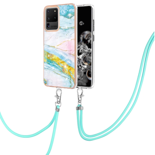 

For Samsung Galaxy S20 Ultra Electroplating Marble Pattern IMD TPU Shockproof Case with Neck Lanyard(Green 004)