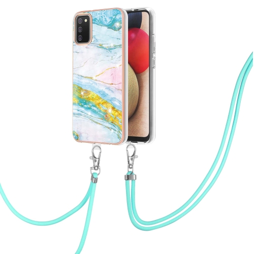 

For Samsung Galaxy A02s US Version 166mm Electroplating Marble Pattern IMD TPU Shockproof Case with Neck Lanyard(Green 004)