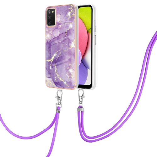 

For Samsung Galaxy A03s 166mm Electroplating Marble Pattern IMD TPU Shockproof Case with Neck Lanyard(Purple 002)