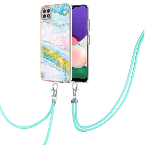 

For Samsung Galaxy A22 5G US Version 167mm Electroplating Marble Pattern IMD TPU Shockproof Case with Neck Lanyard(Green 004)
