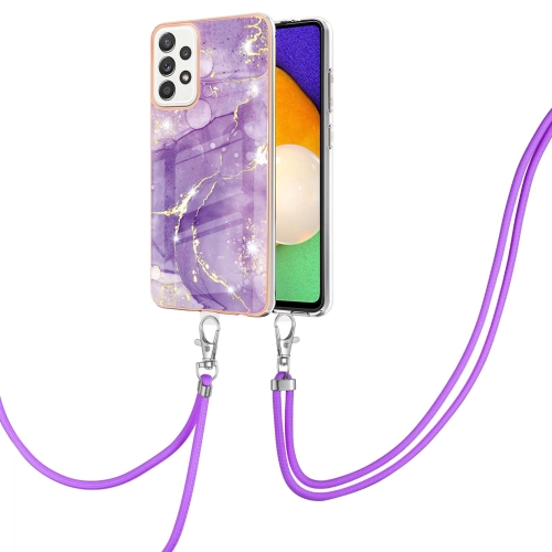 

For Samsung Galaxy A52 5G / 4G Electroplating Marble Pattern IMD TPU Shockproof Case with Neck Lanyard(Purple 002)