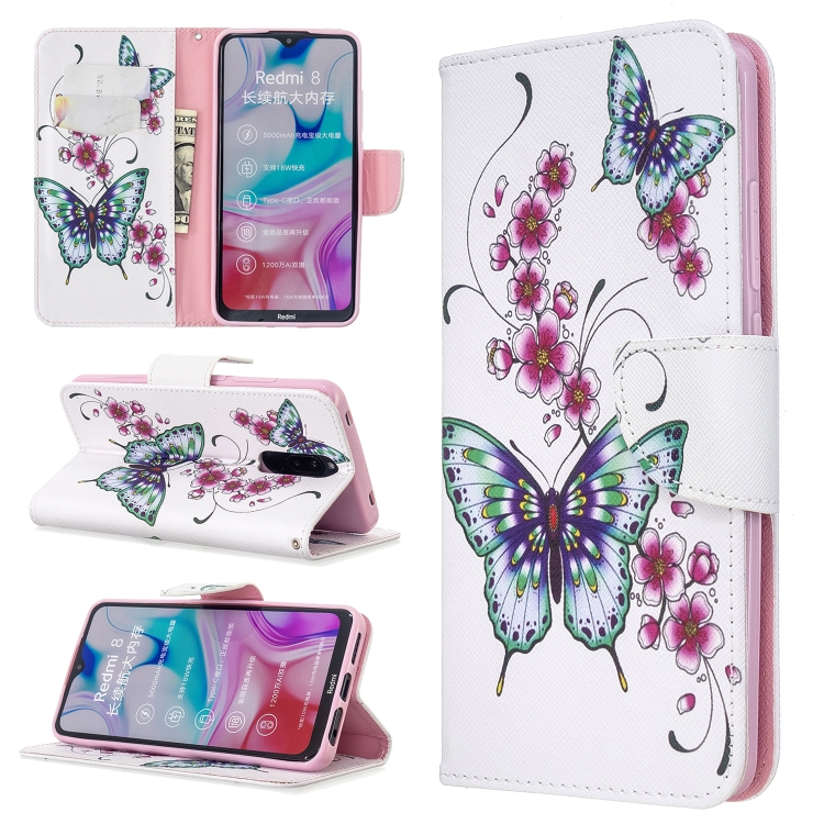 

For Xiaomi Redmi 8 Colored Drawing Pattern Horizontal Flip Leather Case with Holder & Card Slots & Wallet(Peach Blossom Butterfly)