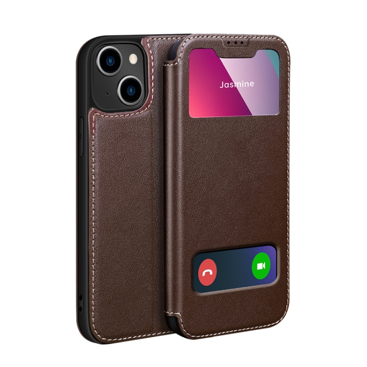 

Yak Texture Horizontal Flip View Time Top Layer Cowhide Leather Case with Holder & Call Display ID For iPhone 13(Brown)