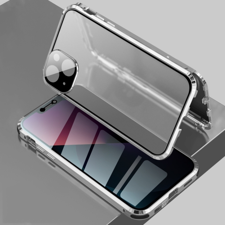 

Four-corner Shockproof Anti-peeping Magnetic Metal Frame Double-sided Tempered Glass Case For iPhone 13 mini(White)