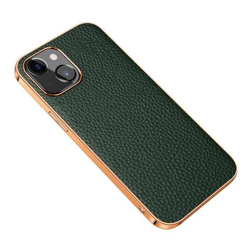 

Electroplated Edge Litchi Texture Top Layer Cowhide Leather Back Cover Shockproof Case For iPhone 13 mini(Green)