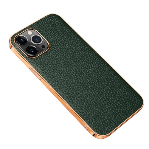 

Electroplated Edge Litchi Texture Top Layer Cowhide Leather Back Cover Shockproof Case For iPhone 13 Pro Max(Green)