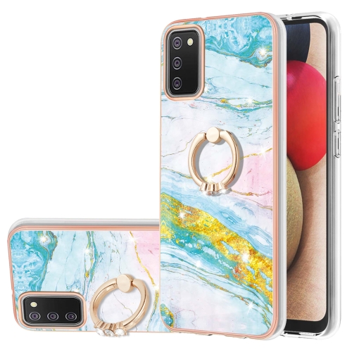 

For Samsung Galaxy A02s US Version 166mm Electroplating Marble Pattern IMD TPU Shockproof Case with Ring Holder(Green 004)