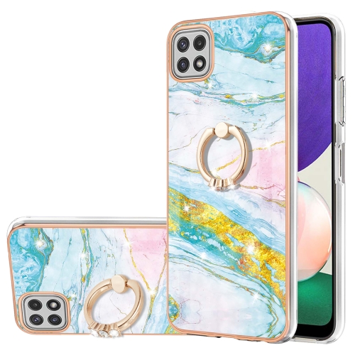 

For Samsung Galaxy A22 5G US Version Electroplating Marble Pattern IMD TPU Shockproof Case with Ring Holder(Green 004)