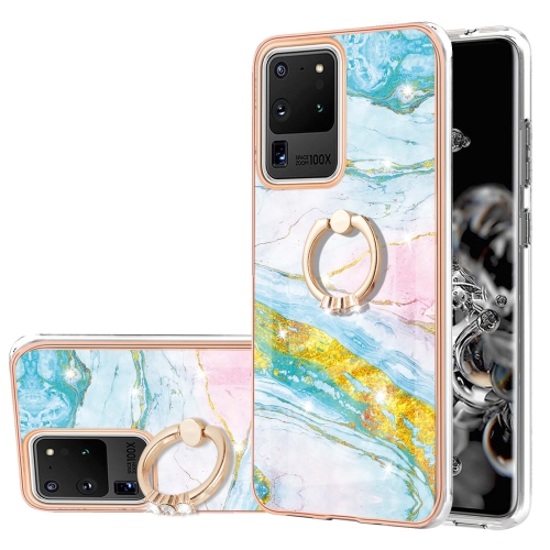 

For Samsung Galaxy S20 Ultra Electroplating Marble Pattern IMD TPU Shockproof Case with Ring Holder(Green 004)