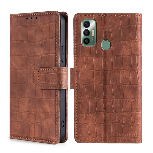 

For Tecno Spark 7 Skin Feel Crocodile Texture Magnetic Clasp Horizontal Flip PU Leather Case with Holder & Card Slots & Wallet(Brown)