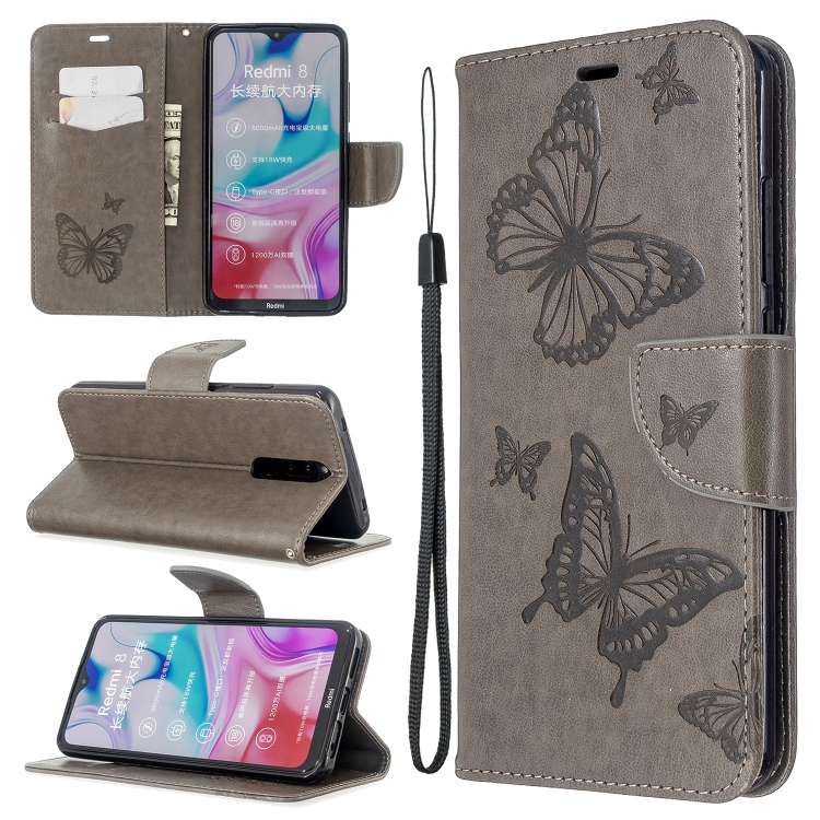 

For Xiaomi Redmi 8 Embossing Two Butterflies Pattern Horizontal Flip PU Leather Case with Holder & Card Slot & Wallet & Lanyard(Gray)