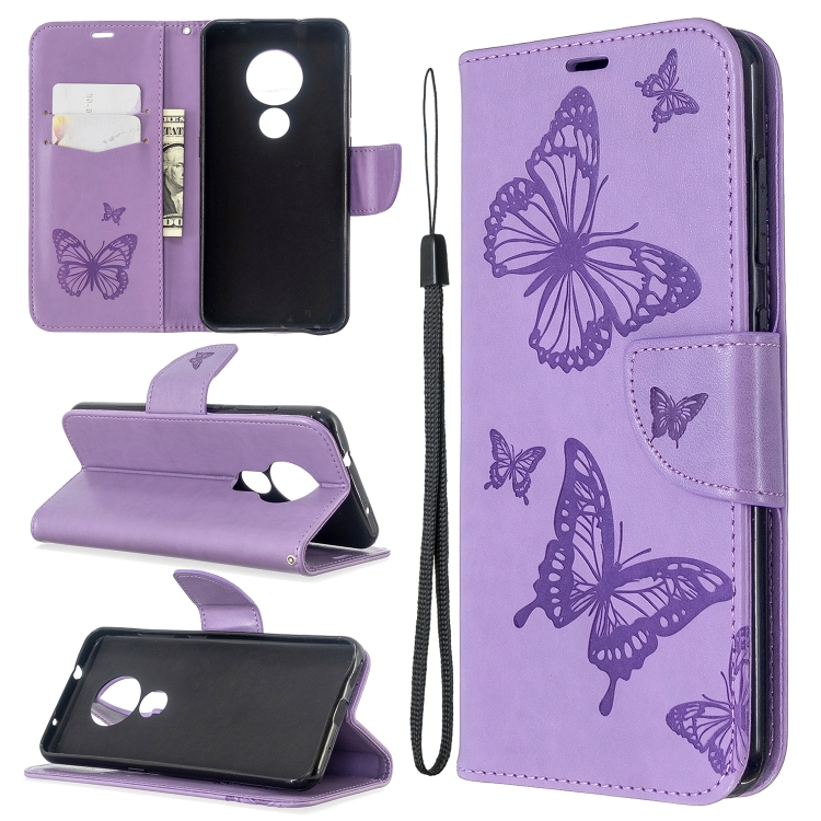 

For Nokia 6.2 / 7.2 Embossing Two Butterflies Pattern Horizontal Flip PU Leather Case with Holder & Card Slot & Wallet & Lanyard(Purple)