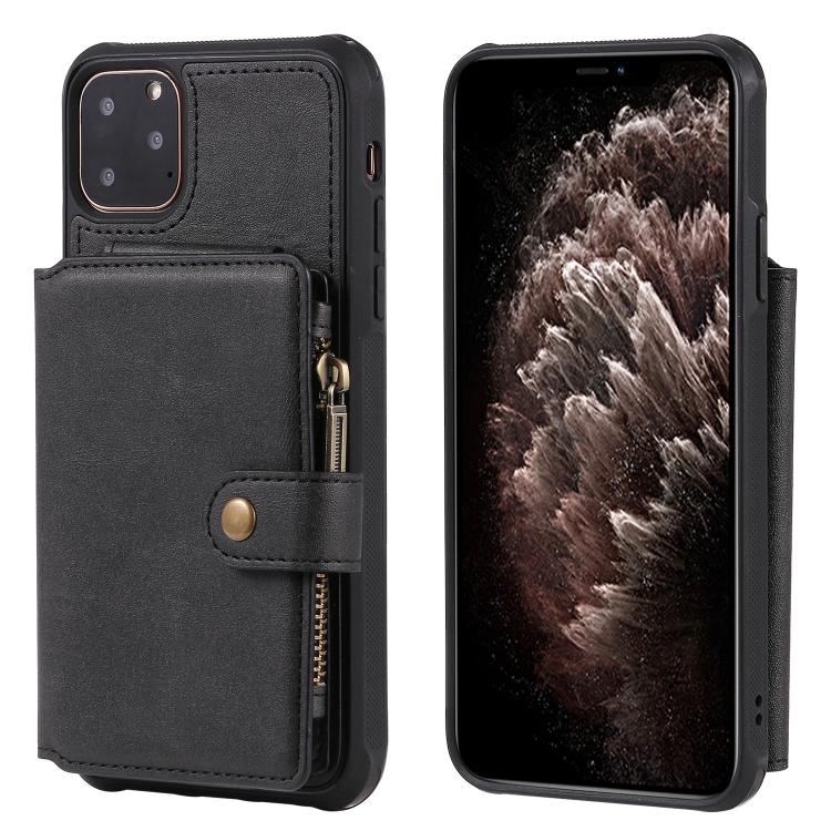 

For iPhone 11 Pro Max Buckle Zipper Shockproof Protective Case with Holder & Card Slots & Wallet & Lanyard & Photos Frames(Black)