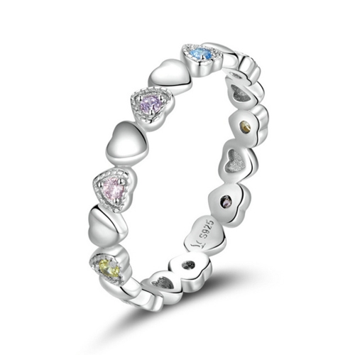 

S925 Sterling Silver Rainbow Heart Women Ring, Size:7