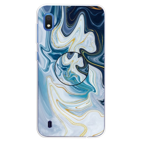 

For Galaxy A10 Embossed varnished Marble TPU Protective Case with Holder(Gold Line Blue)