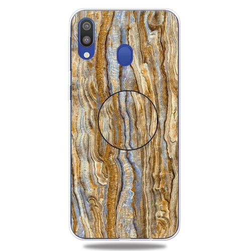 

For Galaxy A40 Embossed varnished Marble TPU Protective Case with Holder(Brown)
