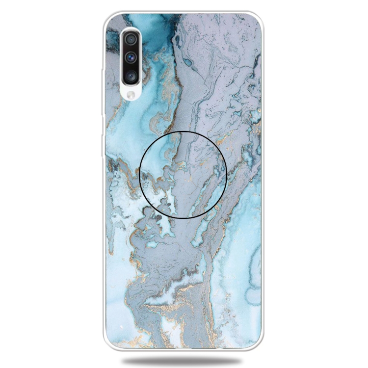 

For Galaxy A70 Embossed varnished Marble TPU Protective Case with Holder(Silver Blue)