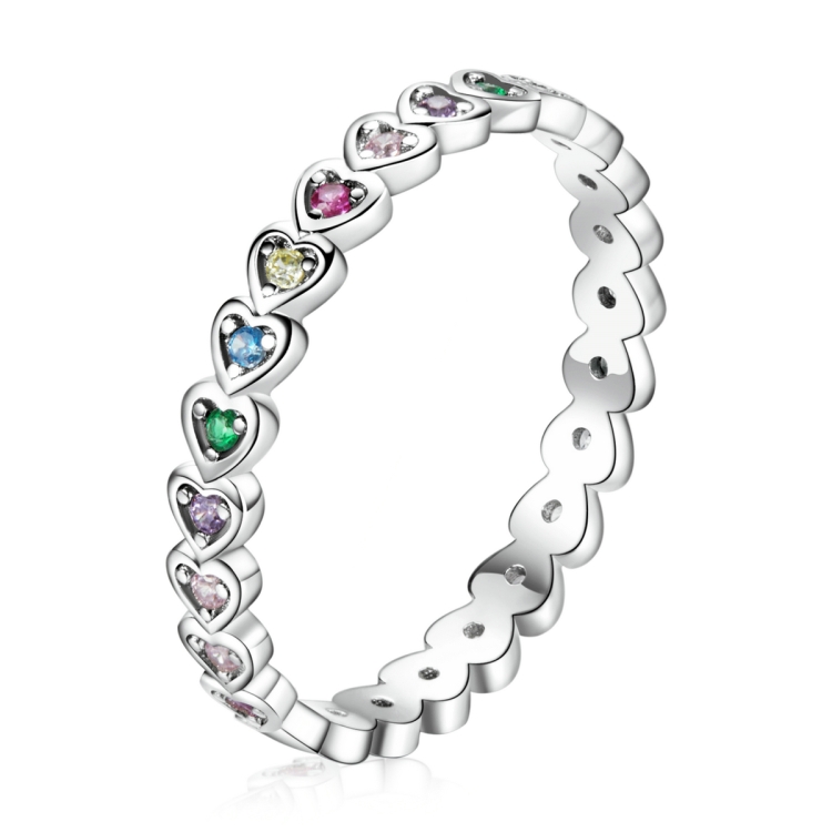 

S925 Sterling Silver Rainbow Heart Women Ring, Size:7