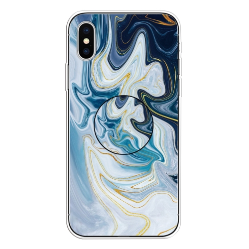 

For iPhone XS / X Embossed Varnished Marble TPU Protective Case with Holder(Gold Line Blue)