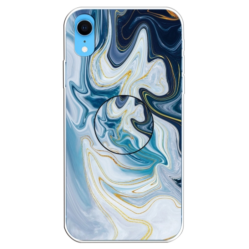 

For iPhone XR Embossed Varnished Marble TPU Protective Case with Holder(Gold Line Blue)