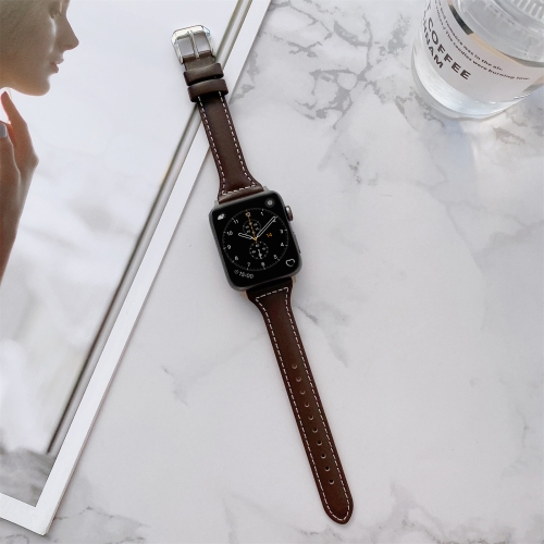 

Sewing Plain Weave Small Waist Leather Replacement Strap Watchband For Apple Watch Series 7 41mm / 6&SE&5&4 40mm / 3&2&1 38mm(Coffee)