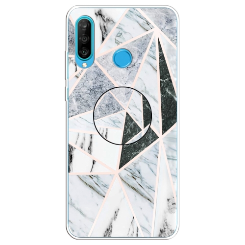 

For Huawei P30 Lite Embossed Varnished Marble TPU Protective Case with Holder(Polytriangle)