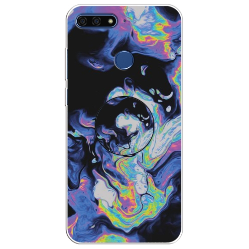 

For Huawei Y6 Prime (2018) Embossed Varnished Marble TPU Protective Case with Holder(Deep Purple)