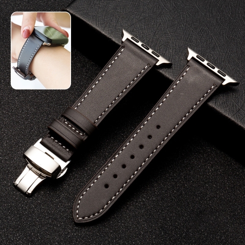 

Butterfly Clasp Business Top Layer Cowhide Leather Strap Watchband For Apple Watch Series 7 41mm / 6 & SE & 5 & 4 40mm / 3 & 2 & 1 38mm(Dark Brown)