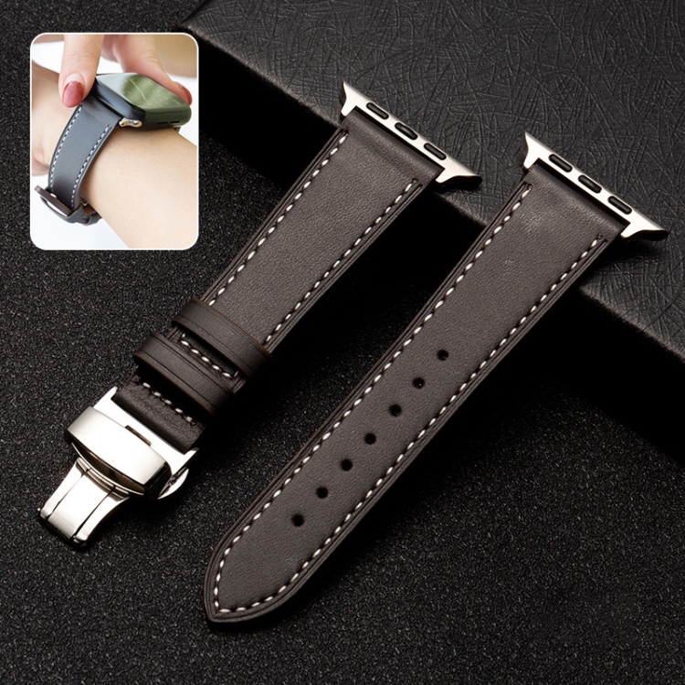 

Butterfly Clasp Business Top Layer Cowhide Leather Strap Watchband For Apple Watch Series 7 45mm / 6 & SE & 5 & 4 44mm / 3 & 2 & 1 42mm(Dark Brown)