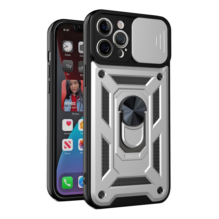 

Sliding Camera Cover Design Precise Hole TPU+PC Protective Case For iPhone 13 mini(Silver)