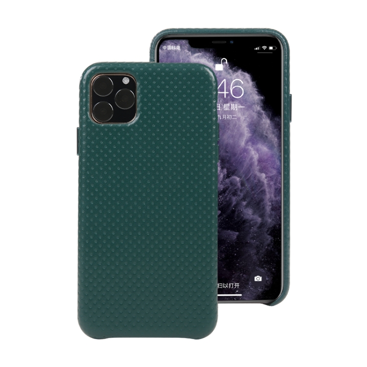 

Mesh Texture Cowhide Leather Back Cover Semi-wrapped Shockproof Case For iPhone 11(Dark Green)