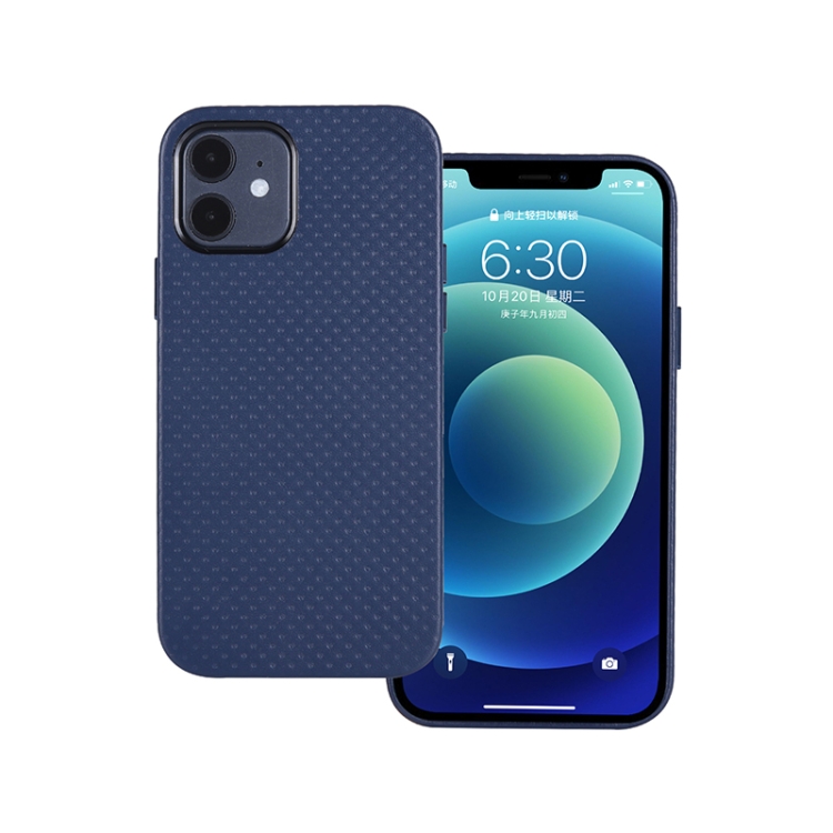 

Mesh Texture Cowhide Leather Back Cover Full-wrapped Shockproof Case For iPhone 12 / 12 Pro(Blue)