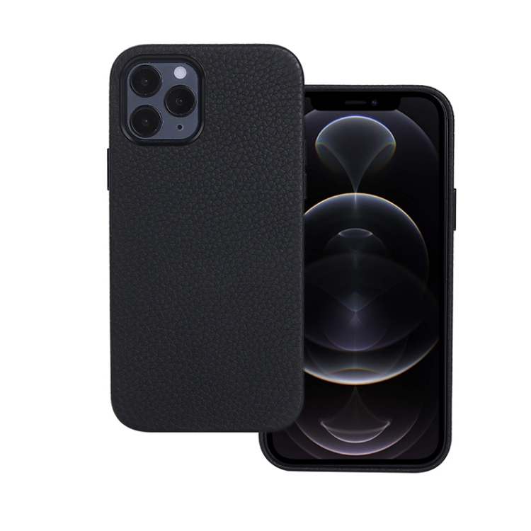 

Litchi Texture Cowhide Leather Back Cover Full-wrapped Shockproof Case For iPhone 12 / 12 Pro(Black)