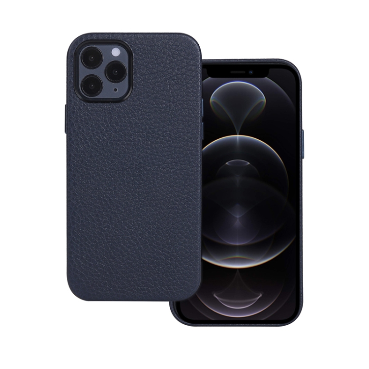 

Litchi Texture Cowhide Leather Back Cover Full-wrapped Shockproof Case For iPhone 12 / 12 Pro(Blue)