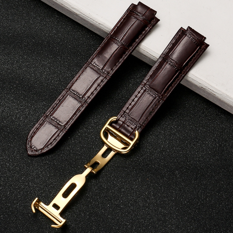 

22mm Bamboo Pattern First Layer Calfskin Gold Buckle Replacement Strap Watchband(Brown)
