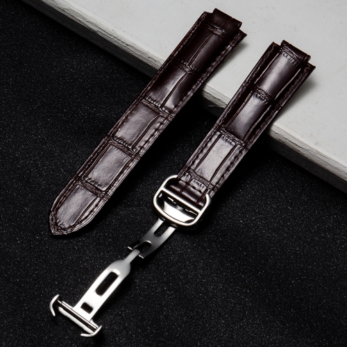 

14mm Bamboo Pattern First Layer Calfskin Silver Buckle Replacement Strap Watchband(Brown)