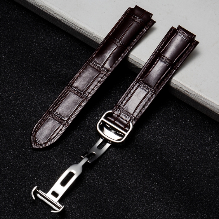 

22mm Bamboo Pattern First Layer Calfskin Silver Buckle Replacement Strap Watchband(Brown)