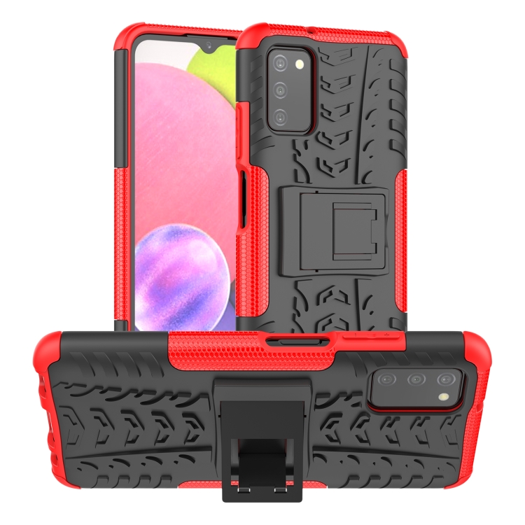 

For Samsung Galaxy A03S 166mm Tire Texture Shockproof TPU+PC Protective Case with Holder(Red)