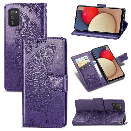 

For Samsung Galaxy A03s 166mm Butterfly Love Flowers Embossed Horizontal Flip Leather Case with Holder & Card Slots & Wallet & Lanyard(Dark Purple)